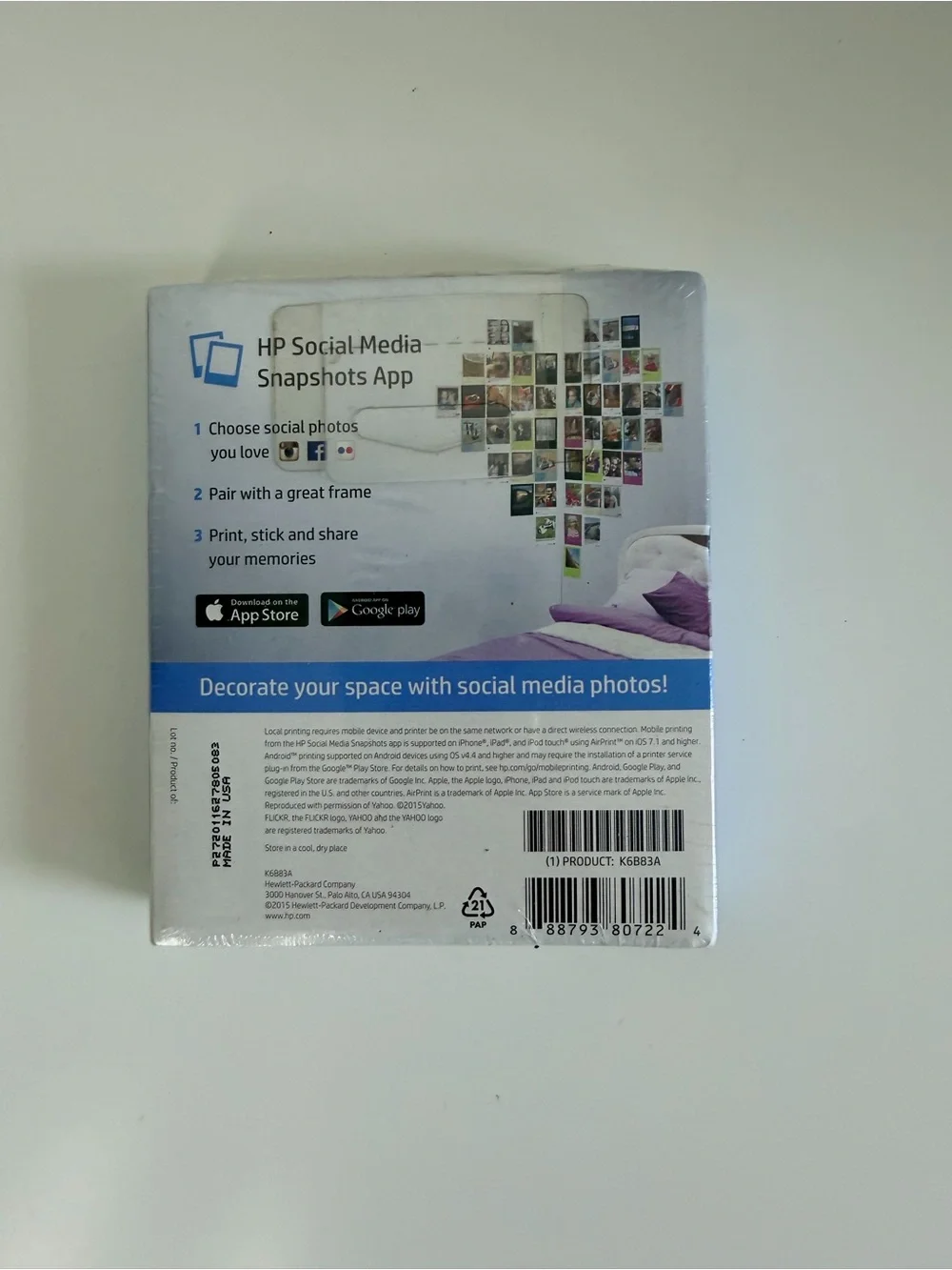 HP Social Media Snapshots Sticky Backed Photo Sheets 4x5 25 Count K6B83A NIP